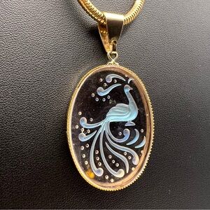 Vintage AB Glass Peacock Intaglio Necklace on Gold Tone Snake Chain